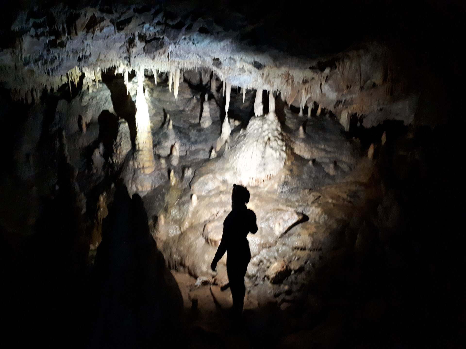 Limestone sea cave interior with stalactites and stalagmites on the Pembrokeshire coast
